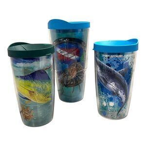 Guy Harvey Set Of 3 Insulated Travel Tumblers Tervis Lids Nautical Shark Lobster
